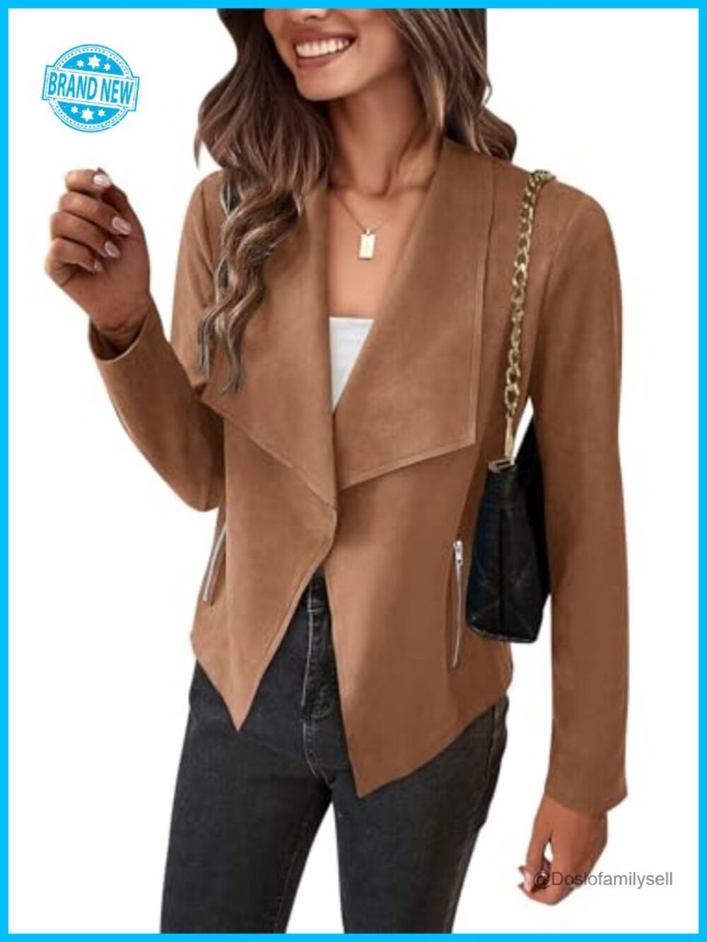 Faux Suede Cropped Jacket Waterfall Collar Open Front Long Sleeve